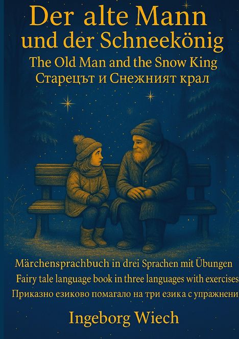 Der alte Mann und der Schneekönig, Märchensprachbuch in drei Sprachen. Illustration: Kind und alter Mann auf Bank unter Sternenhimmel.
