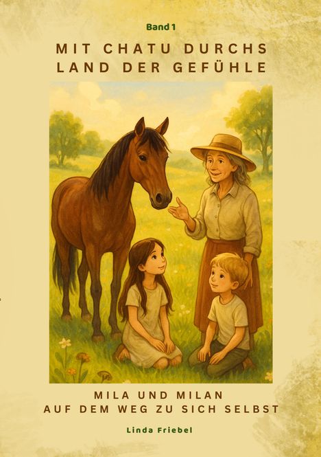 Band 1: Mit Chatu durchs Land der Gefühle. Mila und Milan auf dem Weg zu sich selbst. Illustration: Frau, zwei Kinder, braunes Pferd.