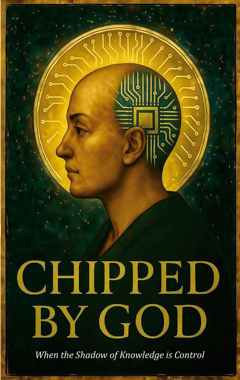 Text: "CHIPPED BY GOD" und "When the Shadow of Knowledge is Control". Illustration eines Profils mit einem digitalen Heiligenschein.