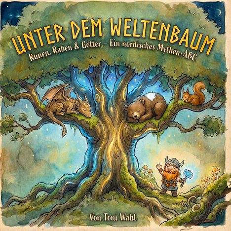 „Unter dem Weltenbaum: Runen, Raben & Götter – Ein nordisches Mythen-ABC“ von Toni Wahl. Illustration eines Baumes mit Tieren und einem Wikinger.