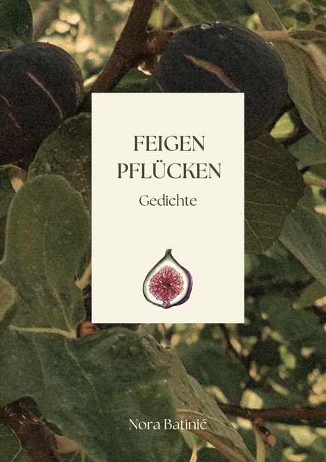 Text: "FEIGEN PFLÜCKEN Gedichte Nora Batinić." Illustration: Geöffnete Feige. Hintergrund: Feigenbaum mit Blättern.