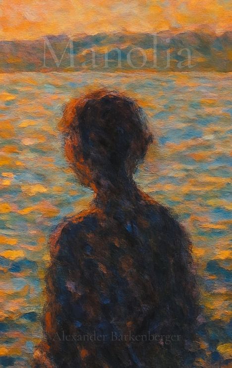Text "Manolia" oben. Unscharfe Silhouette einer Person, mit Blick auf ein Wasser in warmen, leuchtenden Farben.
