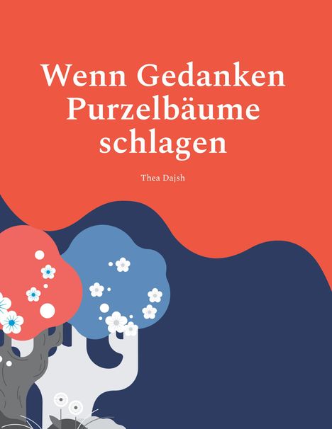 Text: "Wenn Gedanken Purzelbäume schlagen" von Thea Dajsh. Illustration: Bunte Bäume mit Blumen auf farbigem Hintergrund.