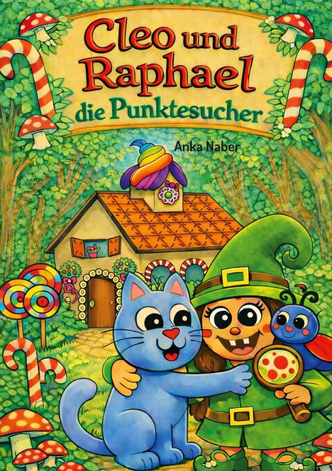 "Cleo und Raphael die Punktesucher" von Anka Naber. Bunte Illustration mit Haus, Pilzen, einer Katze und Figuren.