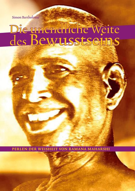 "Die unendliche Weite des Bewusstseins" in Gelb auf Lila. Schwarzes-weißes Porträt eines lächelnden Mannes.