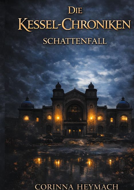 "Die Kessel-Chroniken: Schattenfall" von Corinna Heymach. Düsteres Gebäude mit erleuchteten Fenstern unter wolkigem Himmel.