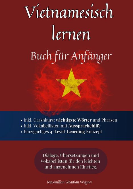 „Vietnamesisch lernen: Buch für Anfänger“, mit gelbem Stern auf rotem Hintergrund. Autorenname darunter.