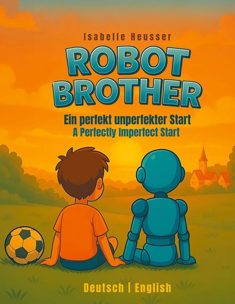 "Robot Brother. Ein perfekt unperfekter Start. Deutsch | English." Ein Junge und ein Roboter sitzen auf einer Wiese.