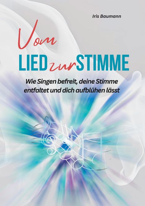 "Vom LIED zur STIMME. Wie Singen befreit, deine Stimme entfaltet und dich aufblühen lässt. Iris Baumann." Hintergrund in Blau-Weiß mit Noten.