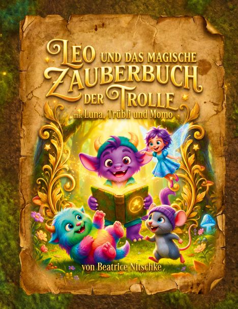 „Leo und das magische Zauberbuch der Trolle“ zeigt fröhliche Fabelwesen mit einem Buch, verziert mit Blättern und Blüten.