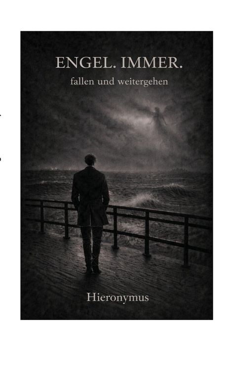 "ENGEL. IMMER. fallen und weitergehen" Hieronymus. Ein Mann am Meer, dunkle Stimmung, schemenhafte Gestalt im Himmel.