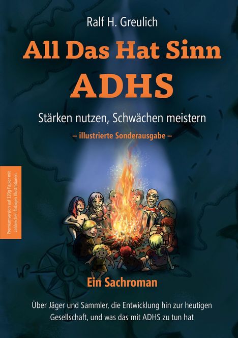 Titel: "All Das Hat Sinn ADHS". Untertitel: "Stärken nutzen, Schwächen meistern". Illustration einer Gruppe am Lagerfeuer.