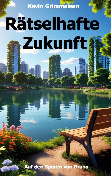"Rätselhafte Zukunft" von Kevin Grimmeisen. Ufer mit Blumen, Parkbank, See, grüne Bäume, Hochhäuser im Hintergrund, blauer Himmel.