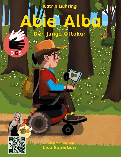 Text: "Katrin Bühring, Abie Alba, Der Junge Ottokar, Illustrationen von Lisa Sauerborn". Illustration eines Jungen im Rollstuhl mit einer Karte im Wald.