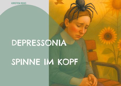 "DEPRESSIONIA - SPINNE IM KOPF" zeigt eine Illustration einer nachdenklichen Person mit Spinne auf dem Kopf.