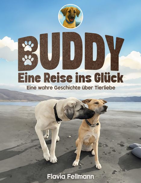 BUDDY, Eine Reise ins Glück, Eine wahre Geschichte über Tierliebe, Flavia Fellmann. Illustration: Zwei Hunde am Wasser.