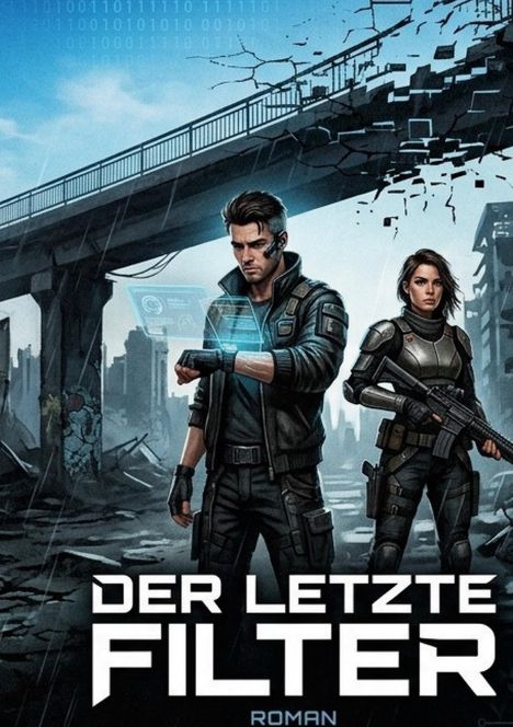 "DER LETZTE FILTER", "ROMAN". Zwei futuristische Personen in ruinenartiger Umgebung, mit Waffen und holografischem Display.
