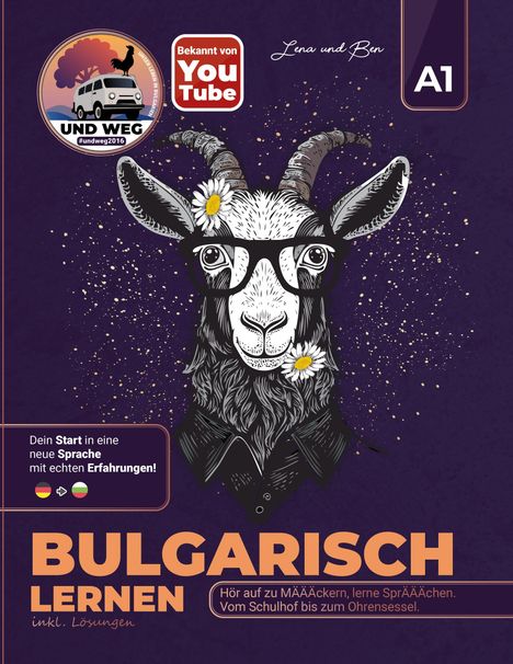 „BULGARISCH LERNEN“ steht groß in Orange. Eine Ziege mit Brille und Blume im Ohr ist illustriert.