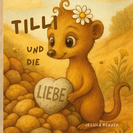 Titel: "Tilli und die Liebe". Illustration zeigt ein niedliches Tier mit Blume und Herz. Autor: Jessica Benner.