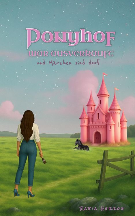 Text: "Ponyhof war ausverkauft und Märchen sind doof." Eine Frau, Wiese, rosa Schloss, Pferd, klarer Himmel.