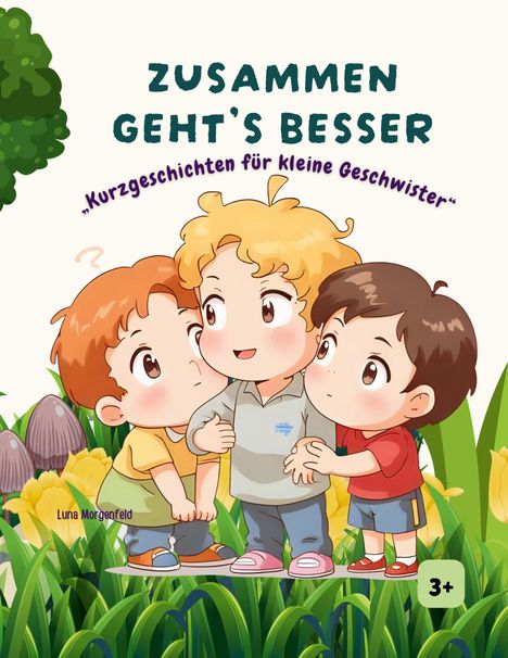 Titel: "ZUSAMMEN GEHT'S BESSER - Kurzgeschichten für kleine Geschwister". Drei Kinder stehen in einem Garten.