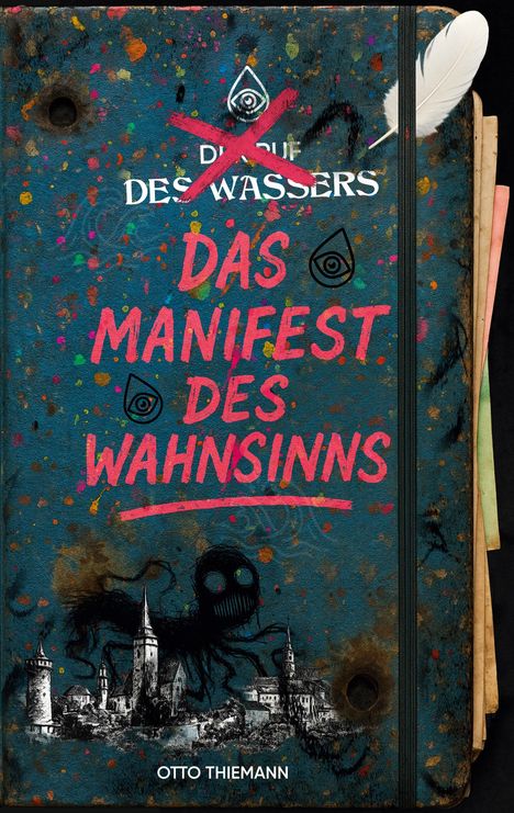 "Das Manifest des Wahnsinns" in rosa Schrift auf blauem Untergrund. Illustrationen mit Augensymbolen und einem Federkiel.