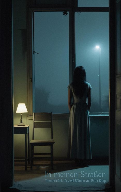 „In meinen Straßen“, Theaterstück von Peter Koop. Eine Frau steht nachts in einem Zimmer, blickt aus dem Fenster, neben ihr ein Tisch mit Lampe.
