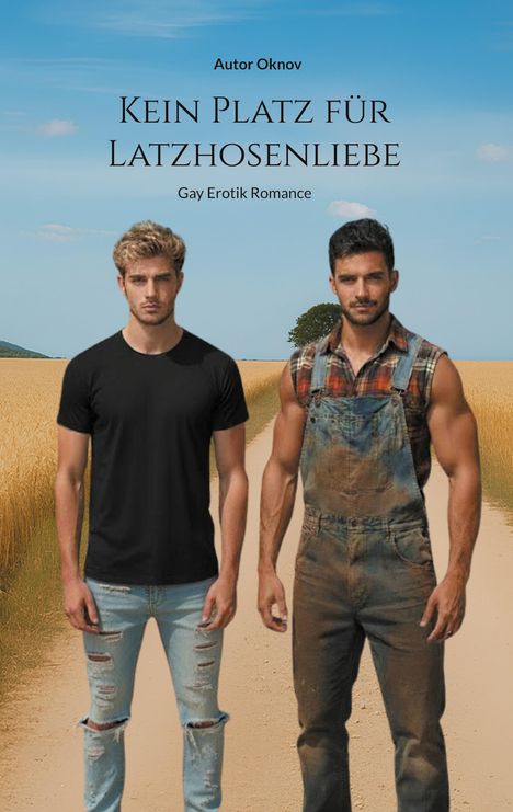 Zwei Männer stehen auf einem Feldweg. Der linke trägt ein schwarzes T-Shirt und zerrissene Jeans. Der rechte trägt eine Latzhose.