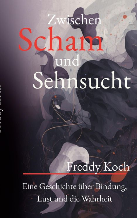 "Zwischen Scham und Sehnsucht" von Freddy Koch. Abstrakte, dunkle Formen mit orangen Akzenten im Hintergrund.