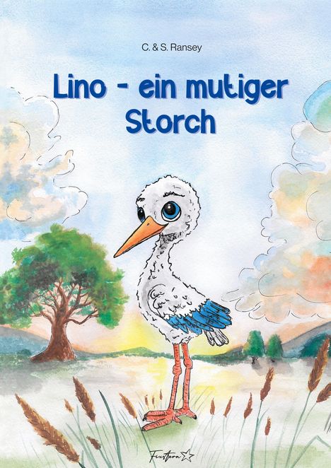 „Lino - ein mutiger Storch“ steht in großen blauen Buchstaben. Ein gezeichneter, lächelnder junger Storch im Vordergrund.