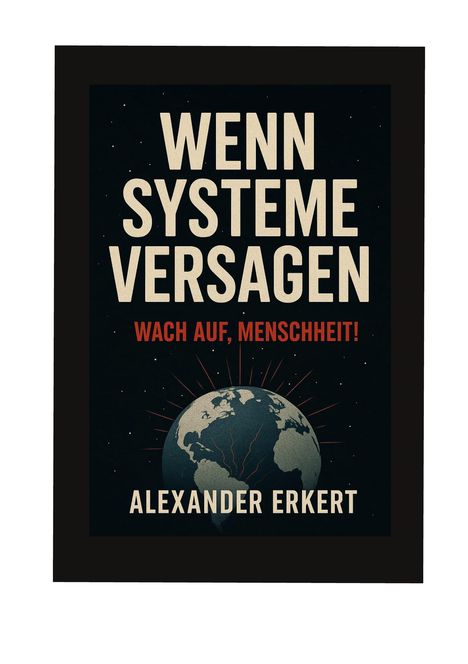 "Oberhalb: 'Wenn Systeme versagen', 'Wach auf, Menschheit!', unten: 'Alexander Erkert'. Hintergrund zeigt Erde mit Rissen."