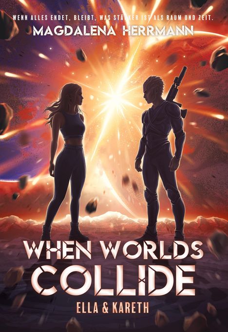 "When Worlds Collide" von Magdalena Herrmann. Zwei Figuren stehen vor einem leuchtenden Stern, umgeben von Asteroiden.