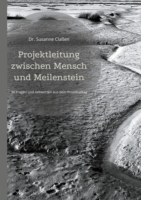 „Projektleitung zwischen Mensch und Meilenstein“ von Dr. Susanne Claßen. Schwarz-Weiß-Landschaft mit Grasbüscheln im Hintergrund.