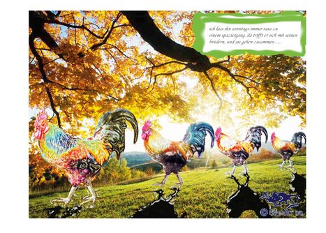 Text: "ich lass ihn sonntags immer raus zu einem spaziergang, da trifft er sich mit seinen brüdern, und sie gehen zusammen....."  

Illustration: Bunte Hähne auf grünem Gras bei einem sonnigen Herbstbaum.