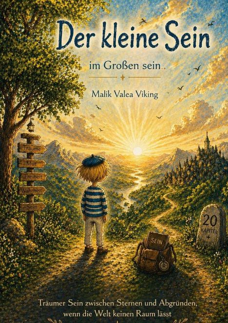 Titel: "Der kleine Sein". Darunter: "im Großen sein." Name: Malik Valea Viking. 

Illustration: Ein Kind steht auf einem Weg, der in Richtung Sonnenaufgang führt. Wegweiser mit Wörtern: Träume, Mut, Freiheit, Wahrheit, Sein.