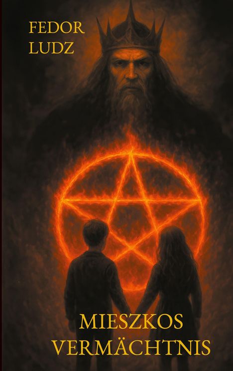 Fedor Ludz. Mieszkos Vermächtnis. Zwei Kinder vor einem brennenden Pentagramm, darüber ein königlicher Kopf.