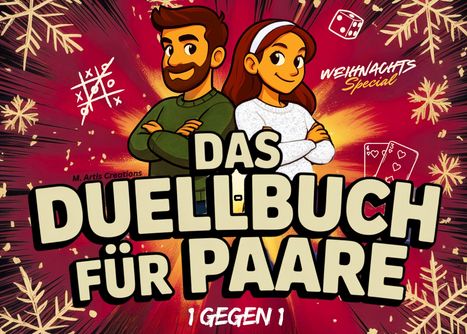 „Das Duellbuch für Paare“ – Weihnachts-Special. Zwei gezeichnete Figuren lehnen sich selbstsicher zurück.