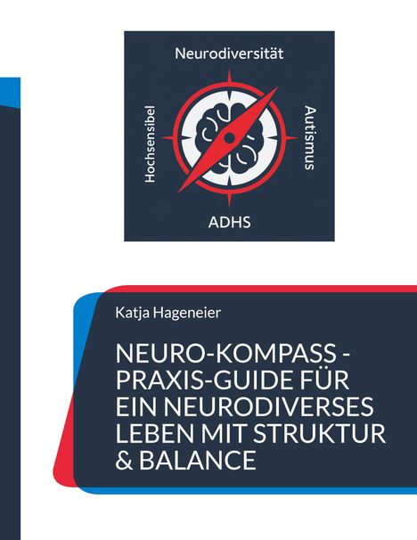"Katja Hageneier: NEURO-KOMPASS-Praxis-Guide für ein neurodiverses Leben mit Struktur & Balance." Logo: Kompass mit Gehirn.