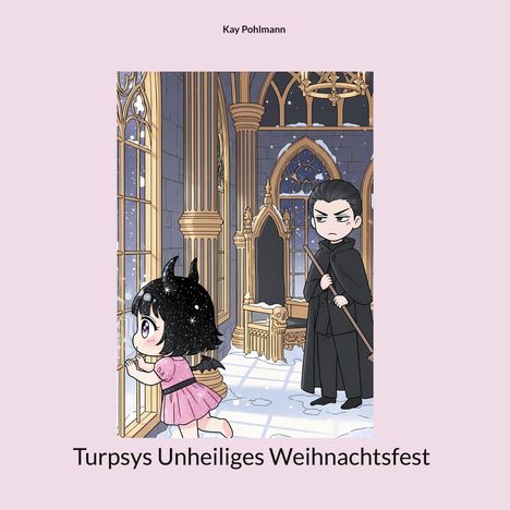 Turpsys Unheiliges Weihnachtsfest; Illustration: Ein Mädchen mit Hörnern schaut aus dem Fenster, ein Mann mit schwarzem Umhang steht daneben.