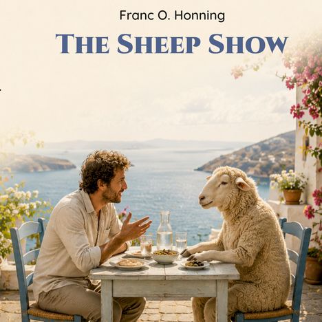 Text: „Franc O. Honning, The Sheep Show“. 

Ein Mann und ein Schaf sitzen an einem Tisch vor einer Küstenlandschaft.