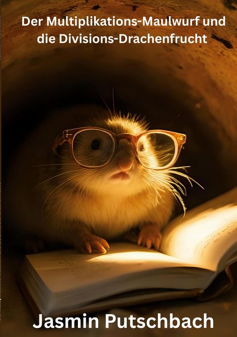 Text: "Der Multiplikations-Maulwurf und die Divisions-Drachenfrucht" und "Jasmin Putschbach". 

Ein Maulwurf trägt eine Brille und liest ein Buch.