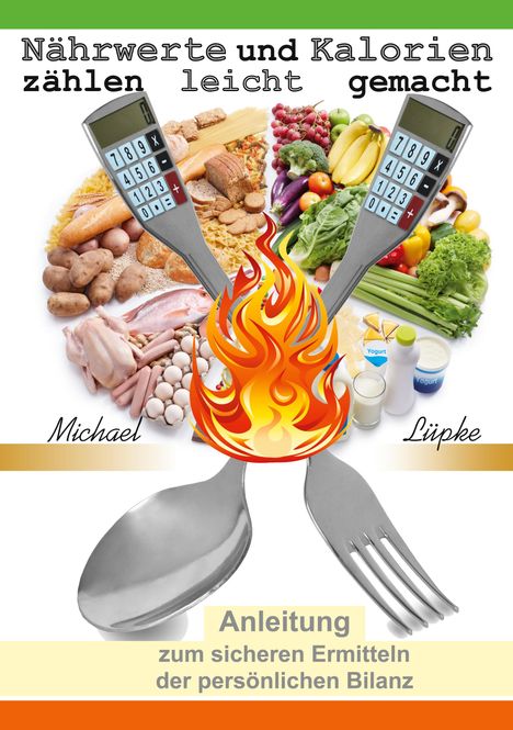 „Nährwerte und Kalorien zählen leicht gemacht.“ Zwei Gabeln mit Taschenrechnern und Flammen, umgeben von Lebensmitteln.