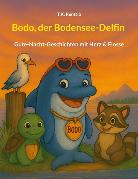 Bodo, der Bodensee-Delfin. Gute-Nacht-Geschichten mit Herz & Flosse. Illustration: Delfin mit tierischen Freunden am Wasser.