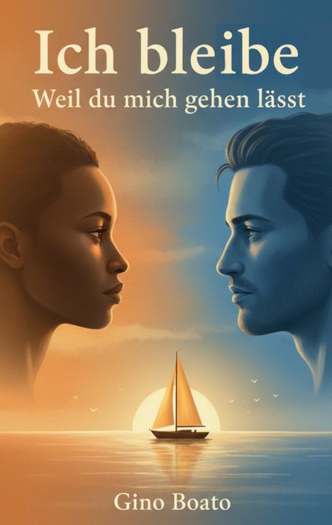 „Ich bleibe. Weil du mich gehen lässt.“ Zwei Gesichter im Profil, links in warmen, rechts in kühlen Tönen, dazwischen ein Segelboot.
