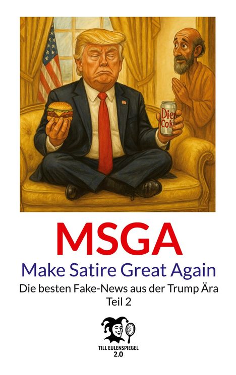 Text: "MSGA Make Satire Great Again. Die besten Fake-News aus der Trump Ära Teil 2". Illustration: Person mit Burger und Diet Coke.