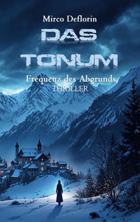 „Mirco Deflorin, Das Tonum, Frequenz des Abgrunds, Thriller" steht über schneebedeckten Bergen und einem Schloss bei Nacht.