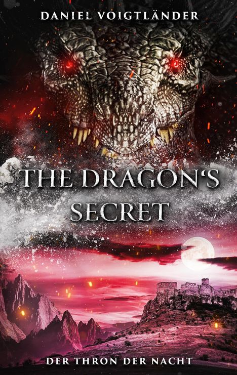 Ein Drachenkopf mit roten Augen, darunter "THE DRAGON'S SECRET". Darunter Landschaft mit Burg, Mond und Bergen in Rot.