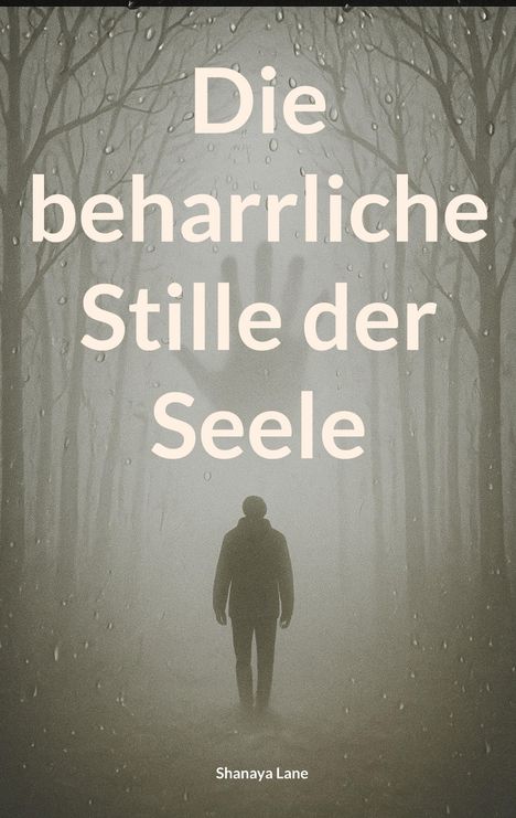 „Die beharrliche Stille der Seele“ steht in großen Buchstaben. Ein Mensch geht in einem nebligen Wald, mit Silhouette einer Hand im Hintergrund.