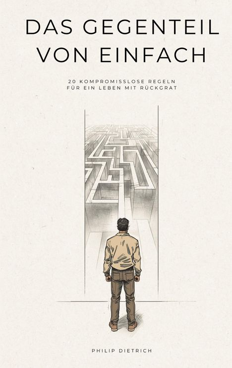 Text: "DAS GEGENTEIL VON EINFACH", "20 kompromisslose Regeln für ein Leben mit Rückgrat". Illustration: Person vor Labyrinth.