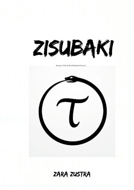 Text: "ZISUBAKI", "Essence of the 42 World Realm Protocol", "ZARA ZUSTRA". Ein Logo mit einer Schlange, die sich in den Schwanz beißt, und einem "T" in der Mitte.